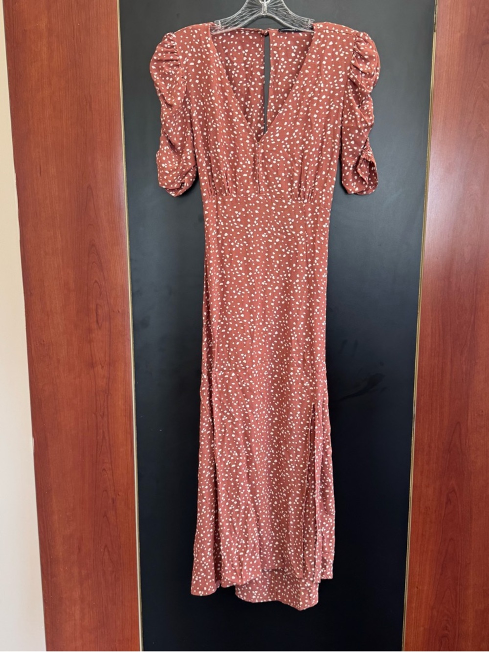 Abercrombie & Fitch Mid Dress Size XS Open Back Front Slit Polka Dots Brown Rust